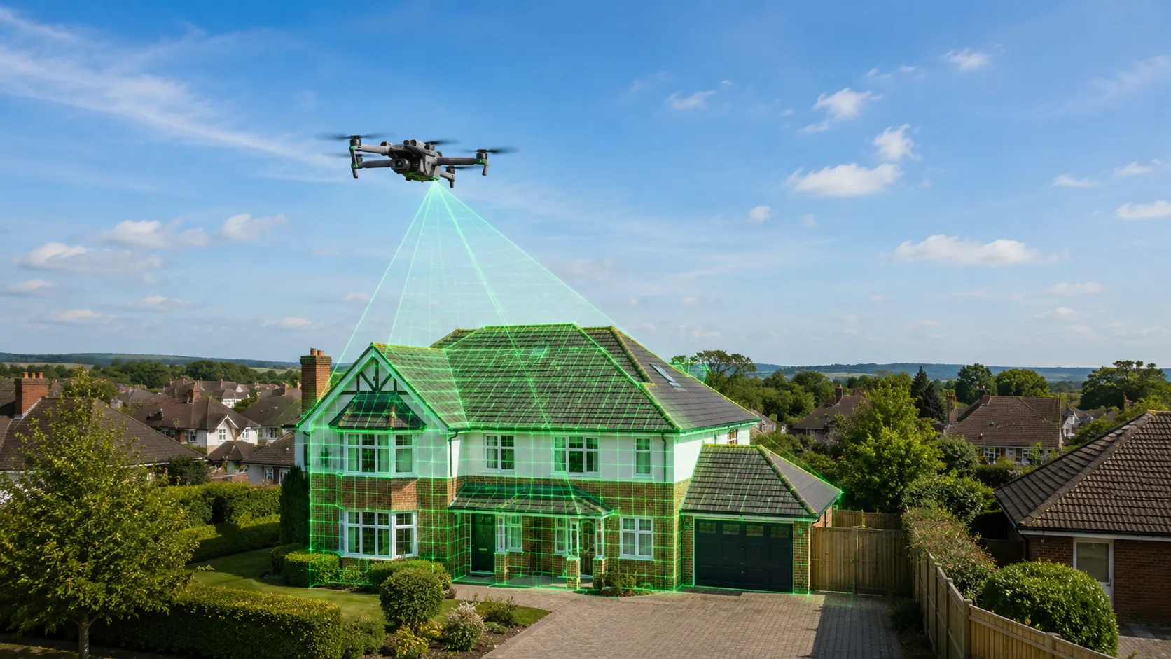Drone surveying a residential property in Essex — aerial roof inspection by Herts & Essex Dream Home Builders